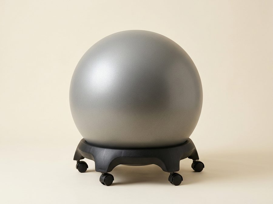 Ballon-siège gris mat posé dans un socle noir à roulettes