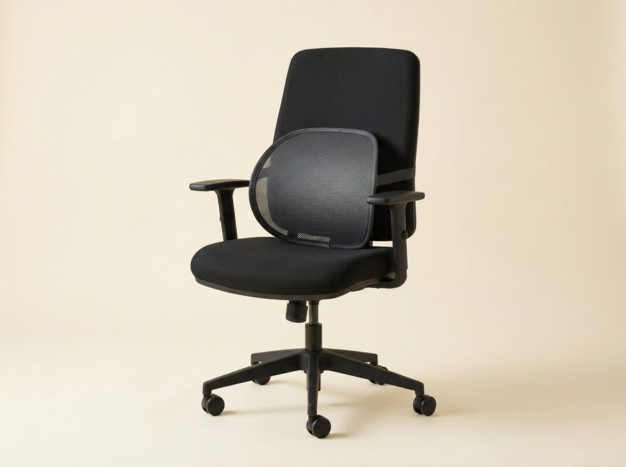 Coussin lombaire en maille gris foncé fixé au dossier d’un fauteuil de bureau noir
