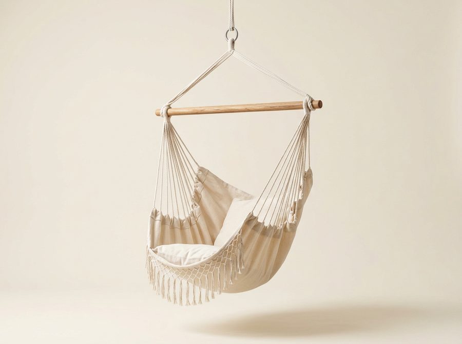 Hamac-chaise en toile de coton écrue à franges, suspendu à sa barre d’écartement en bois
