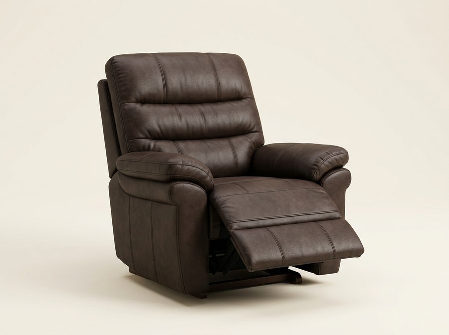 Fauteuil relax en revêtement brun aspect cuir, dossier à bourrelets horizontaux, repose-jambes à demi déployé