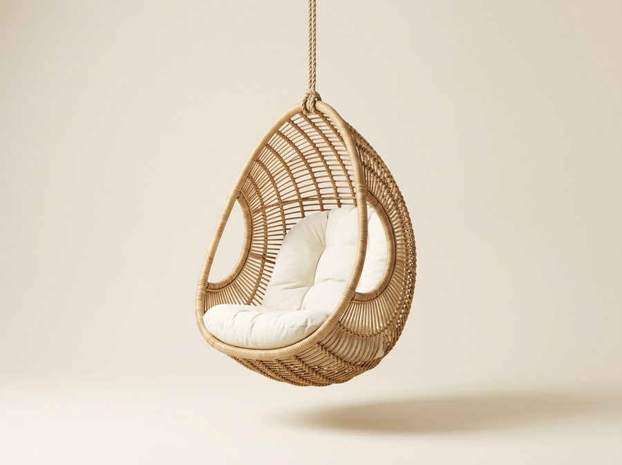 Fauteuil suspendu en rotin en forme de goutte, accroché par une corde, coussin ivoire, sans pied